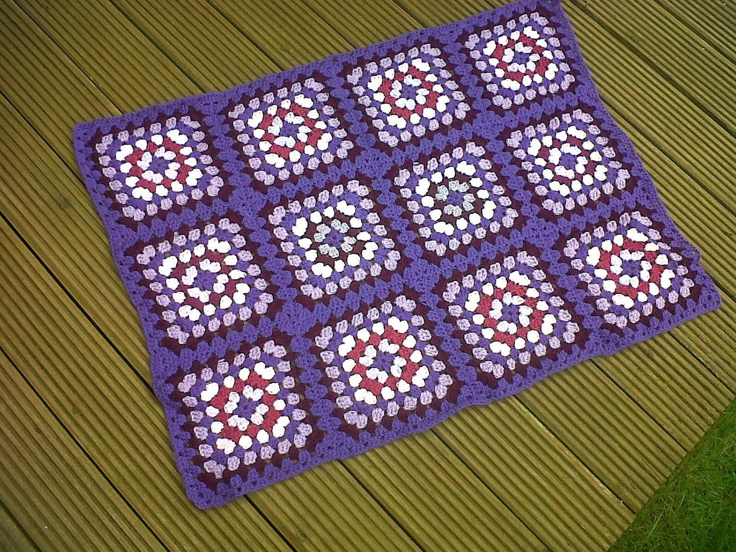 Pram blanket, lap quilt, crochet, purple, pink, berry, Granny squares