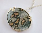 Ocean Jasper Sterling Silver and Gold Pendant Necklace, with Druzy