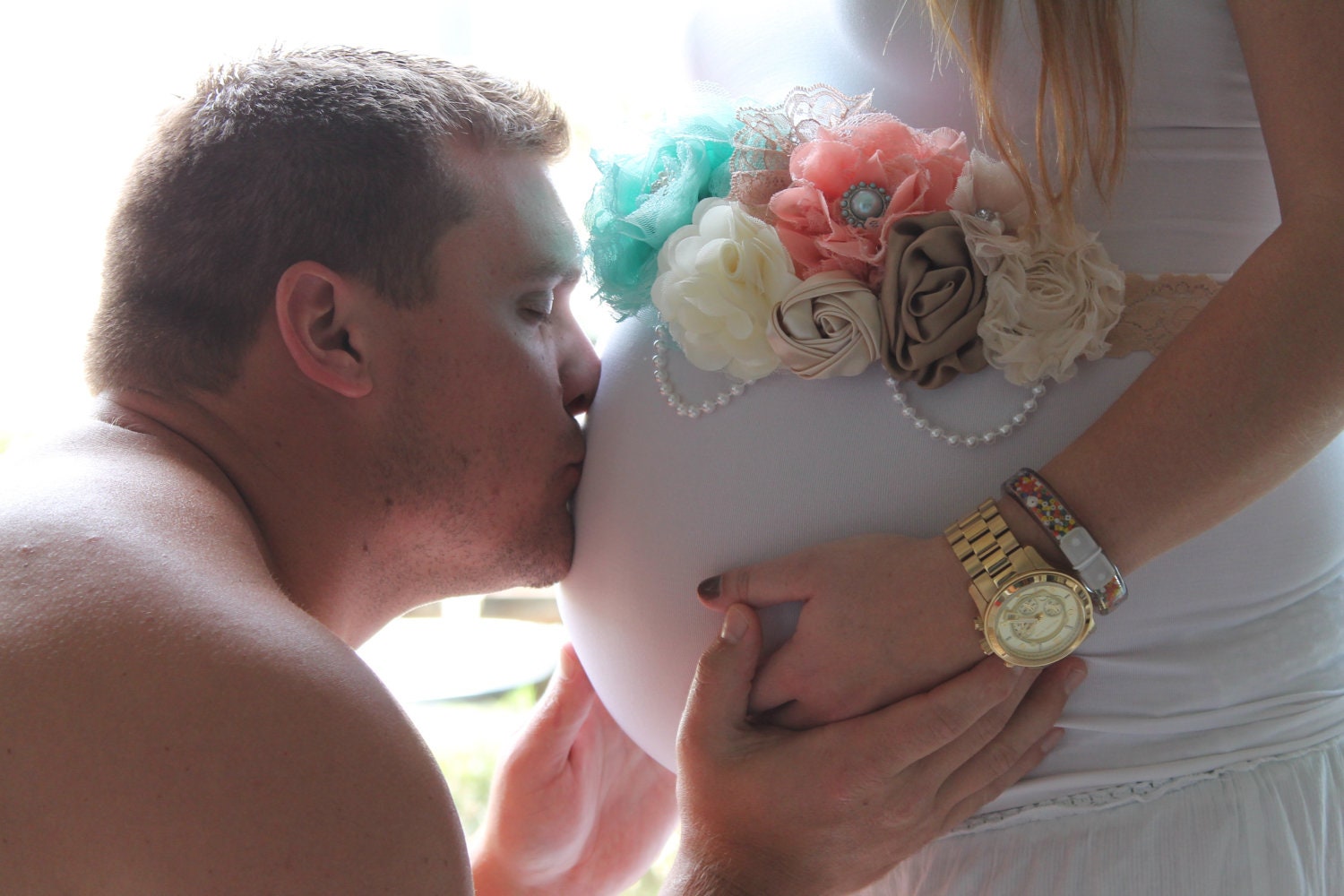 Stunning cream, aqua, and coral maternity sash/lace maternity belt/vintage photography prop/vintage sash/bridal sash/vintage lace sash/