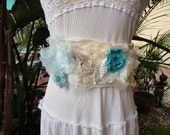 Sale Vintage Bridal Sash, Shabby Chic Bridesmaid, OOAK, recycled lace, chiffon, turquoise, blue, ivory, cream by vastly vintage on etsy