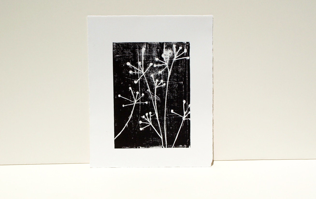 Botanical Cottage Chic Decor Linocut POSTER Black and White Flowers Print 8x10