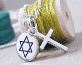 tiny star of david and cross sterling silver charm necklace