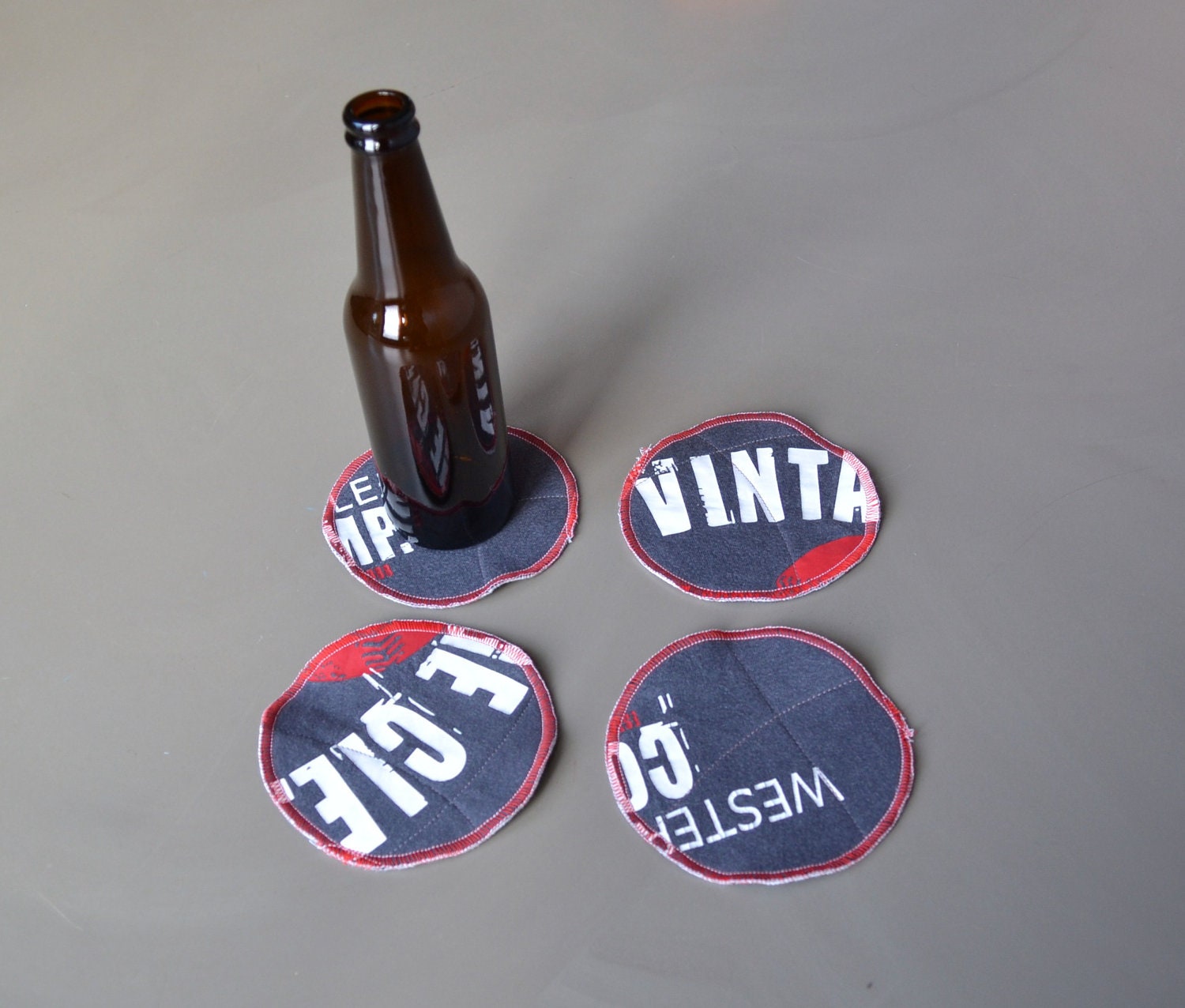 washable textile coasters - letter print - upcycled - set of 4x - blue and red tones - gift for him - text