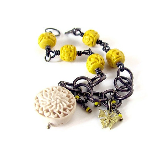 Butterfly Bracelet unique jewelry flower jewelry yellow cinnabar boho jewelry rustic bracelet