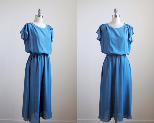 1970's sheer dress. 70's blue dress. draped. s m. sky blue chiffon. disco dress 70. vintage.