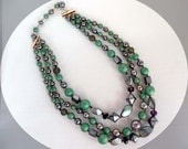 Three Strand Beaded Necklace in Green and Carnival Glass Beads - Japan
