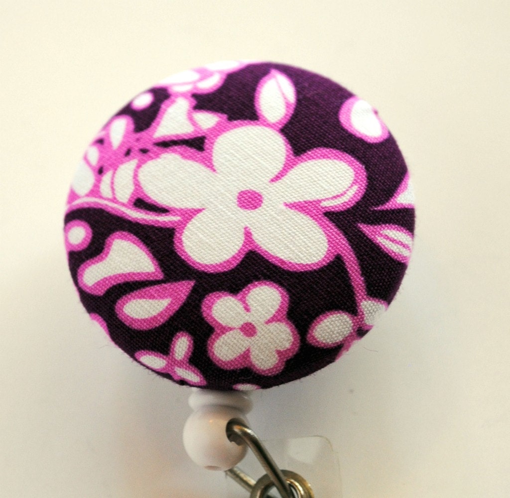 Deep Purple Flower Fabric Covered Badge Reel, ID Holder OR Keychain