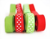 Red and Green  3/8 inch Grosgrain Ribbon Holiday Collection solid and Polka dots (12 yards) -A484