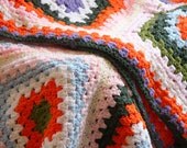 Vintage Afghan color throw Granny Square Rainbow Orange, pink, blue green, purple cottage chic decor , Spring Home decor