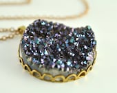 Crystal Druzy Quartz Stone Necklace Gold Blue Purple Green