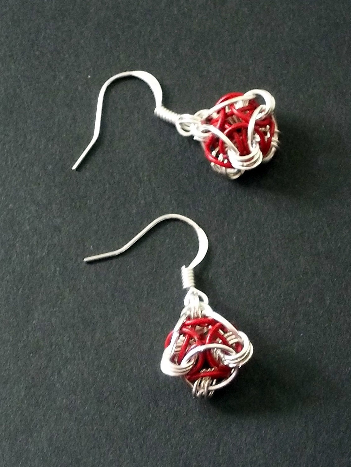 Helm Orb Earrings.  Silver & Red.