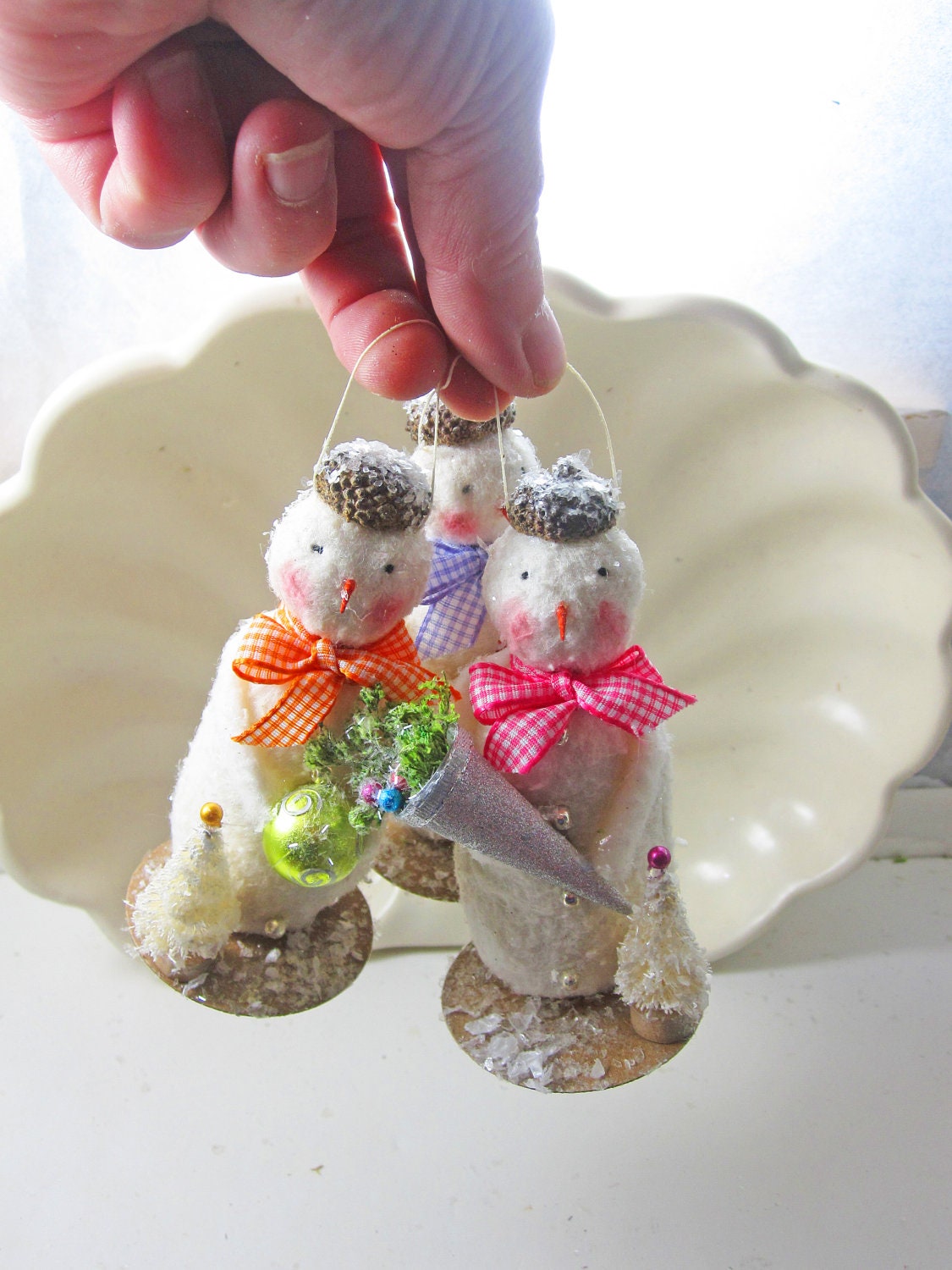 Trio of Darling Larger Sized Vintage Inspired Snowmen Ornaments
