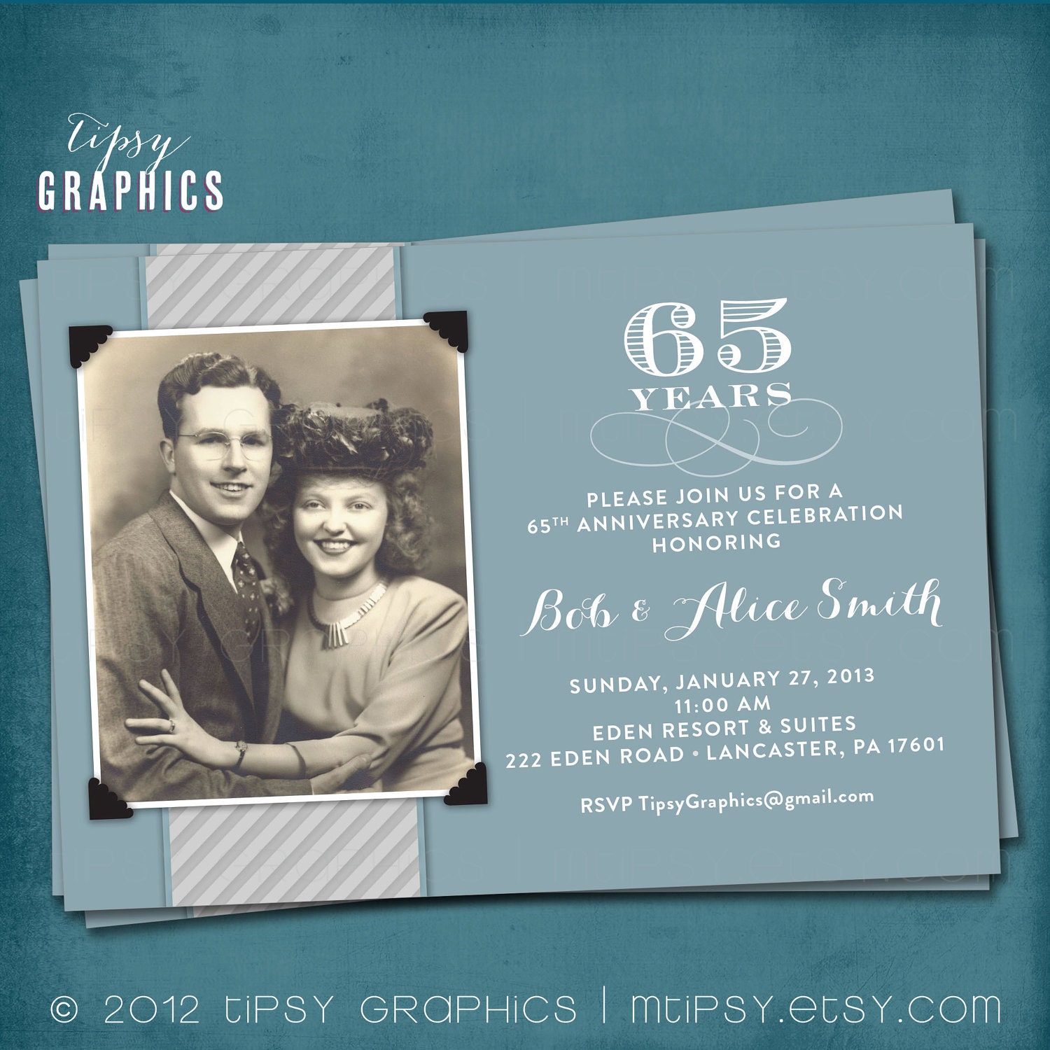 Blue & Silver. 65th Wedding Anniversary Invitation or Announcement by Tipsy Graphics. Any colors, any anniversary Il_570xn