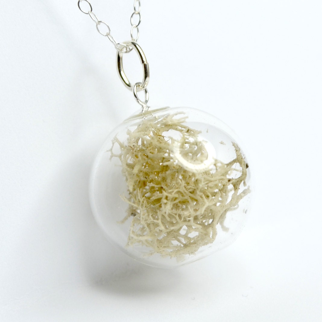 White dried moss in clear hand blown glass beads silver plated pendant