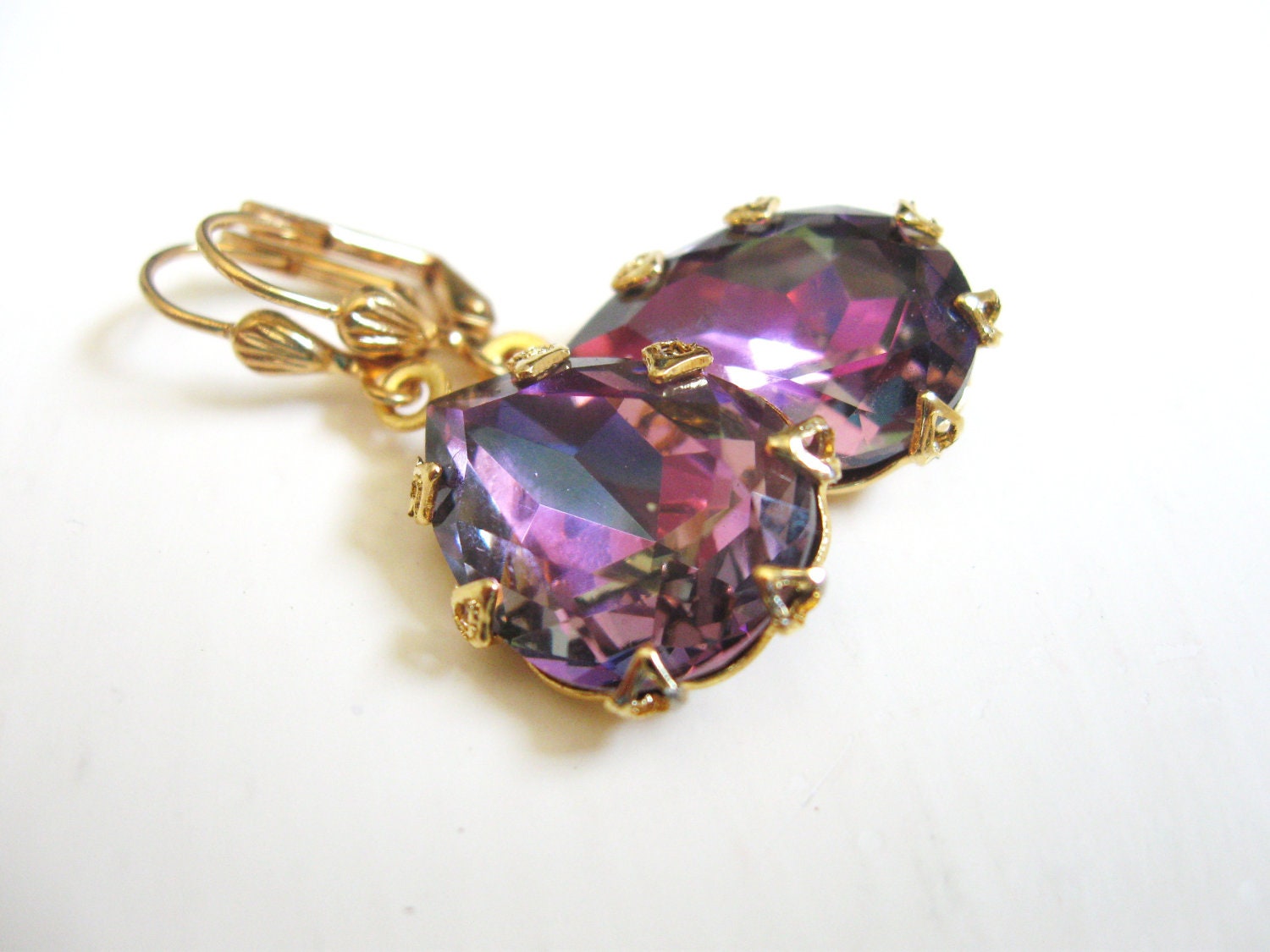 Swarovski Light Rose Vitrail in Gold - Estate Jewelry - Wedding Bridal Earrings - Pink Purple Rhinestones