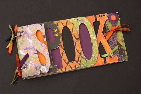 Halloween photo album, Spooky orange and black scrapbook, premade word scrapbook, scary holiday