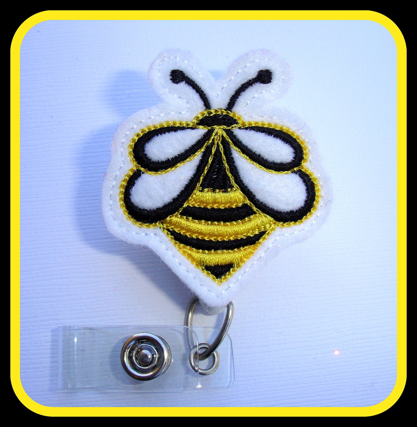 Badge Reel ID Holder Retractable - Busy Bee white felt  - Nurses RN office students techs nurse gift teacher gift