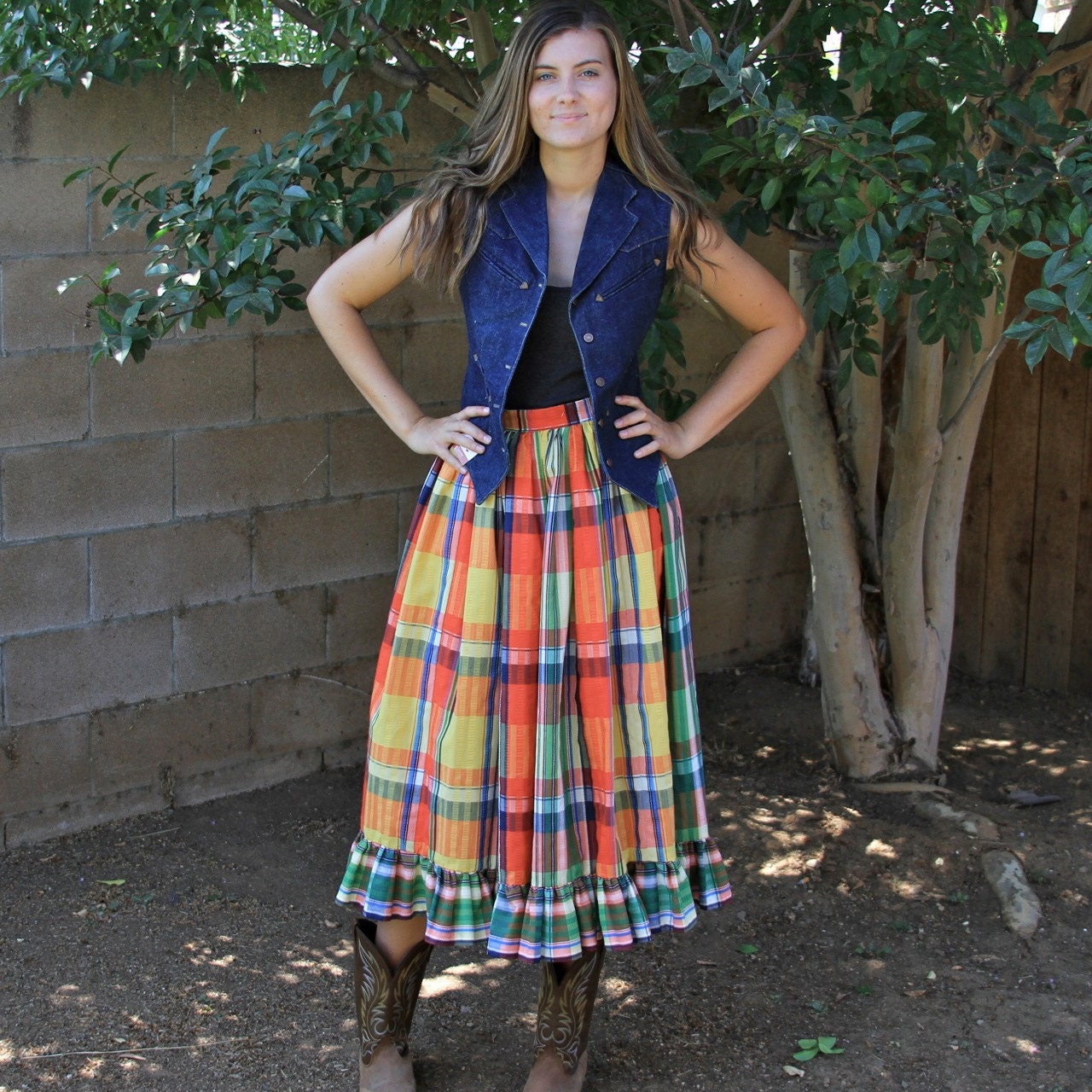 bright color plaid prairie western skirt - full ruffled long - small medium 6 8