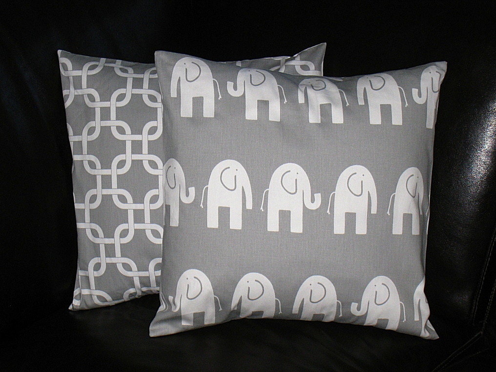Pillow Covers Gray and White Elephant 20" Decorator Pillows Nursery Decor 20 x 20 Inches Chain Link