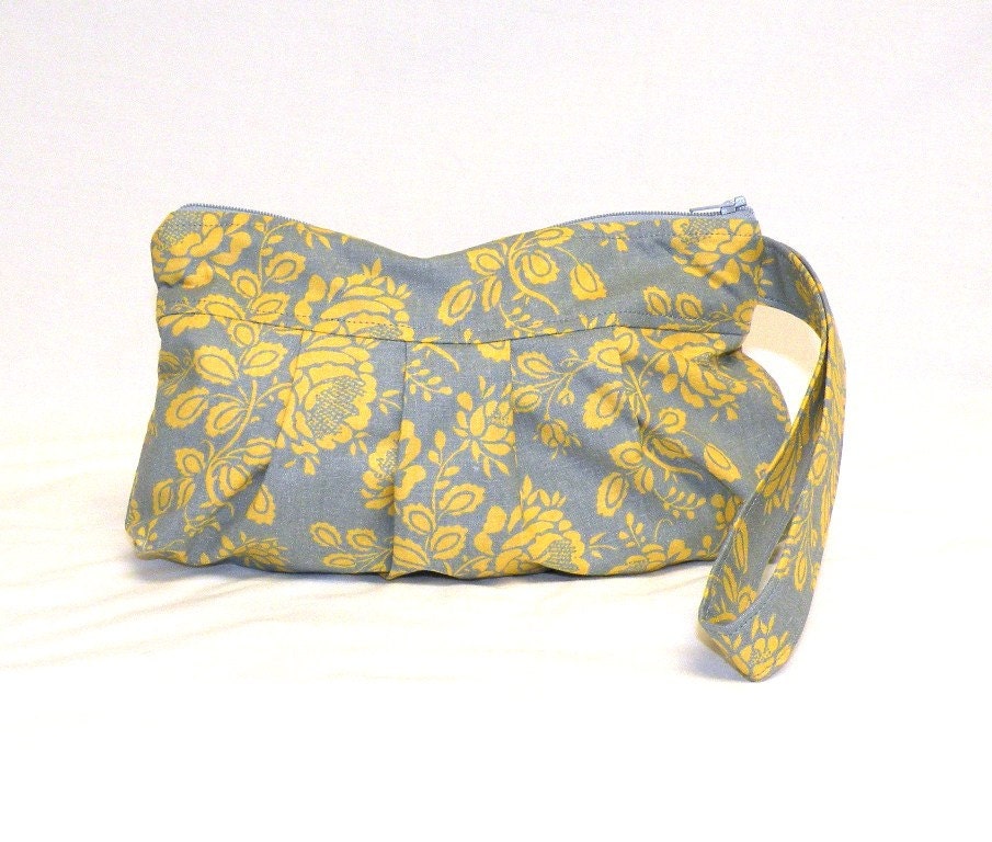 Pleated Wristlet in grey and yellow rose floral pattern