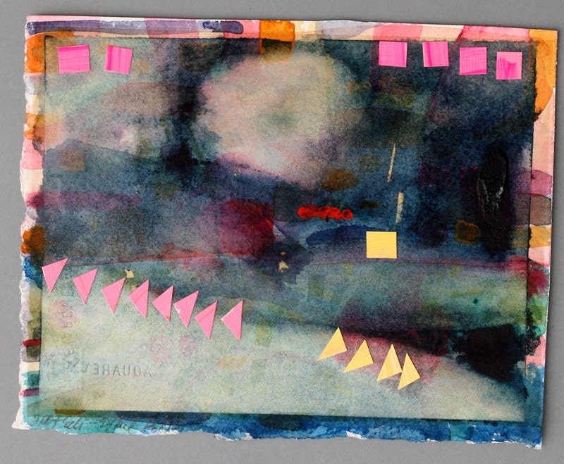 lake watercolor collage paper art yellow pink original abstract composition night