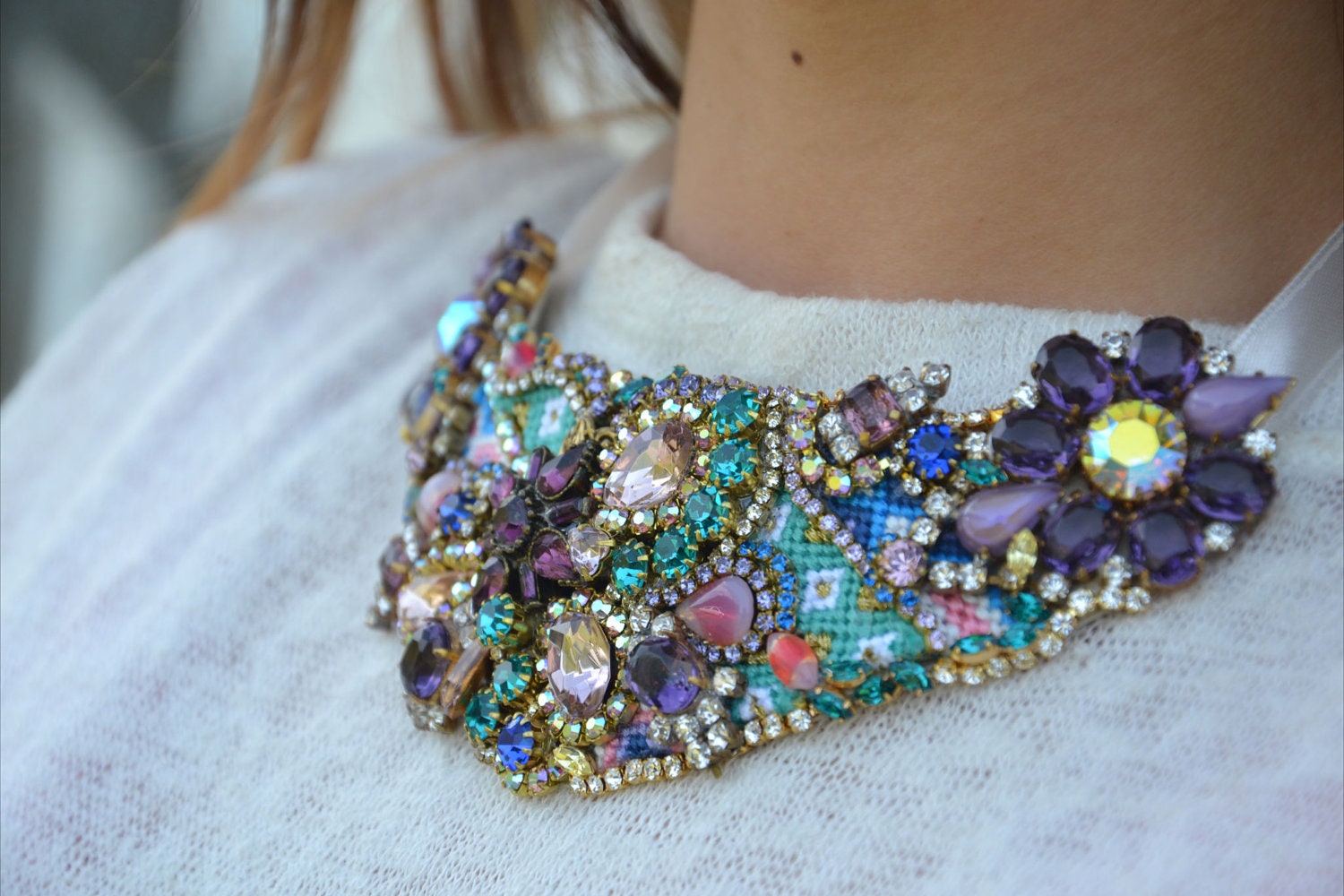 BIB friendship bracelet statement necklace with vintage treasures and Swarovski chrystals  - OOAKjewelz Couture Collection