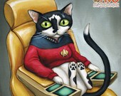 Star Trek Cat - 8 x 8" art print - kitty dressed up as starfleet captain Picard on the bridge of the enterprise
