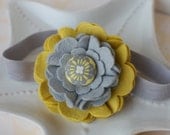 Yellow and Grey Felt Flower Headband with Covered Button- Hard Plastic or Soft Elastic Headband
