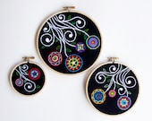Embroidered Flower Gardens in Rainbow Colors and Black, SET of Three Embroidery Hoops Fiber Wall Art for the Home