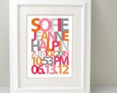Typographic Custom Girls Room Art - Personalized Birth Announcement Print, Pink, Orange and Gray or Choose Custom Colors