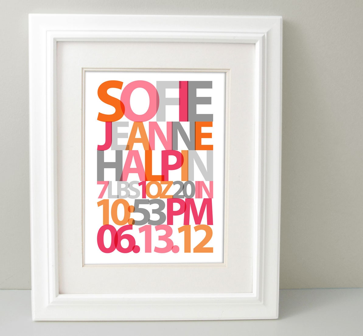 Typographic Custom Girls Room Art - Personalized Birth Announcement Print, Pink, Orange and Gray or Choose Custom Colors