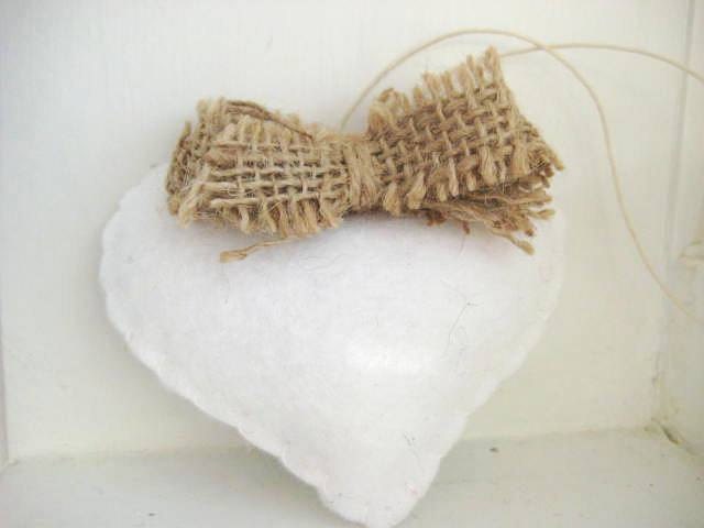 White Heart with Burlap Bow Eco Felt Ornaments - Handmade - Wedding Favor- Christmas Tree Ornament - Holiday Decoration