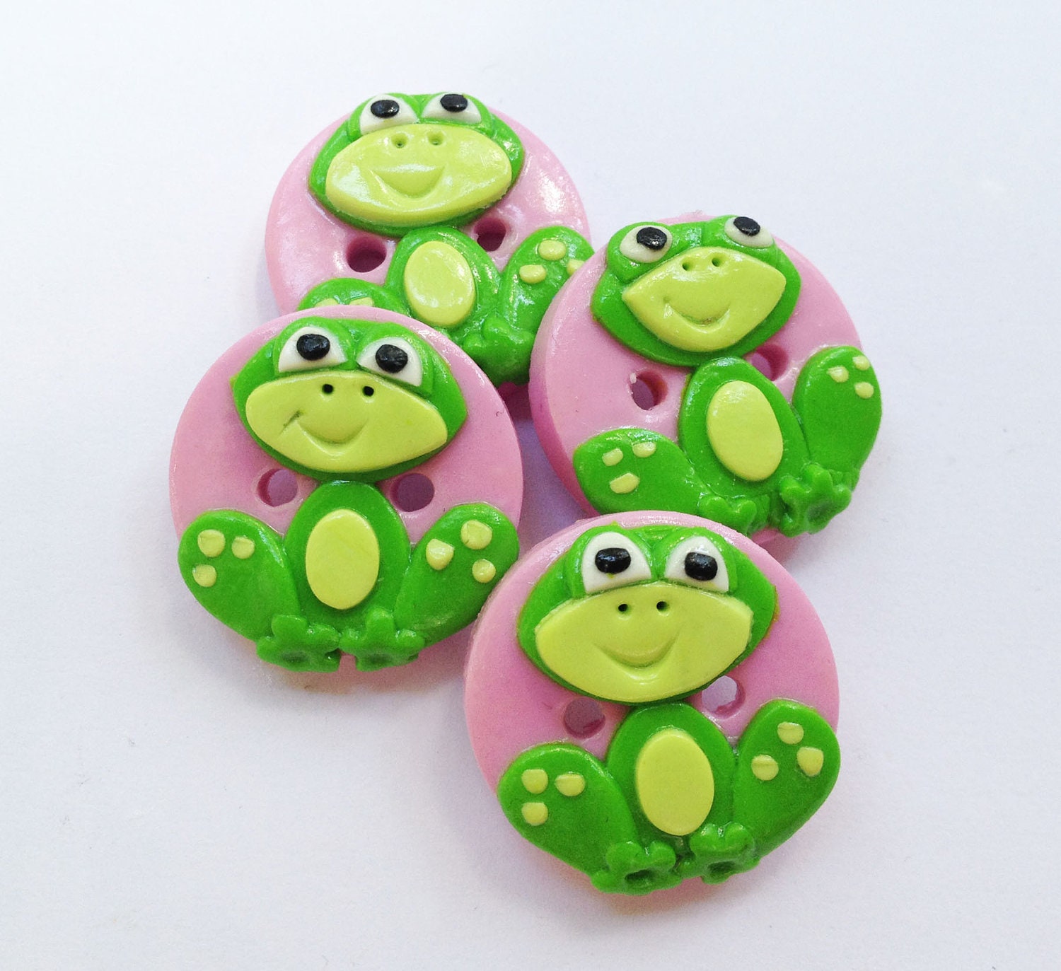 Little Frog buttons, 4 pink polymer clay, handmade buttons