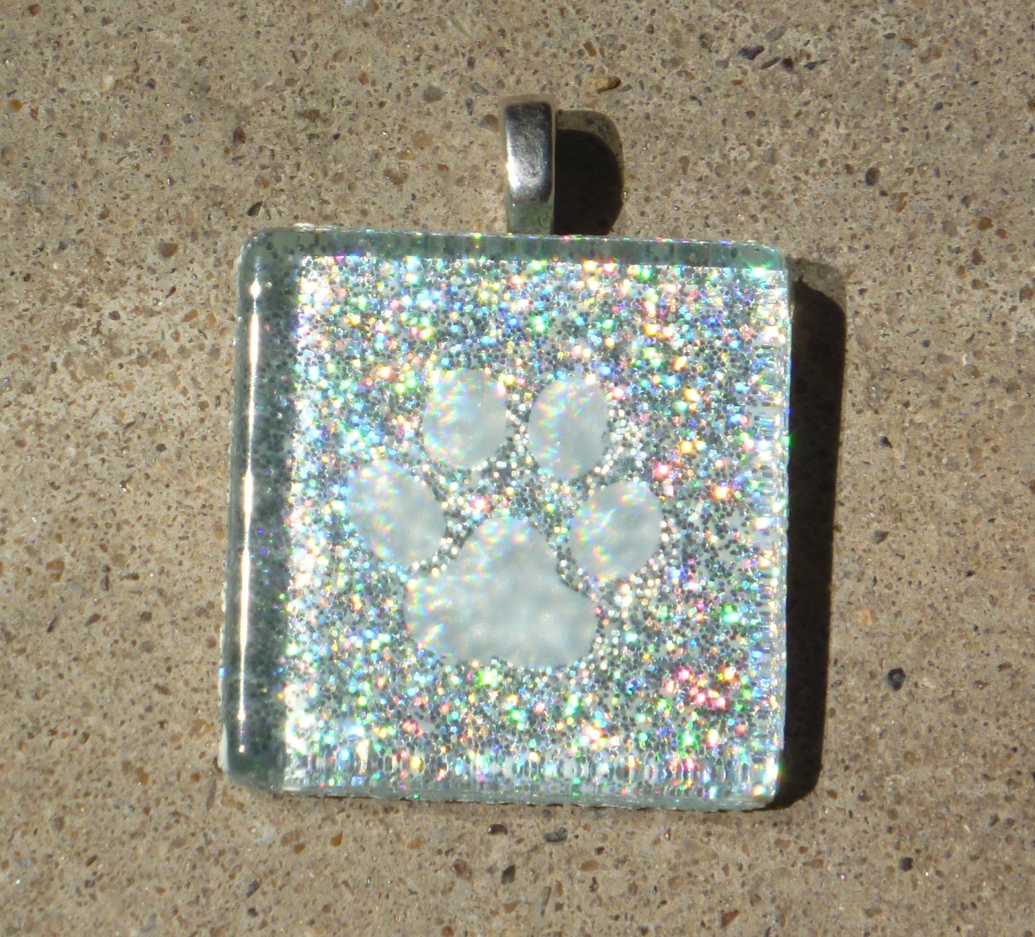 Etched glass sparkly white / silver paw print pendant