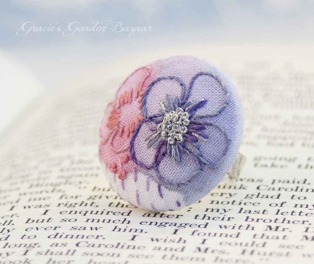 Hand Embroidered floral ring,adjustable,purple,coral pink,OOAK,hand painted