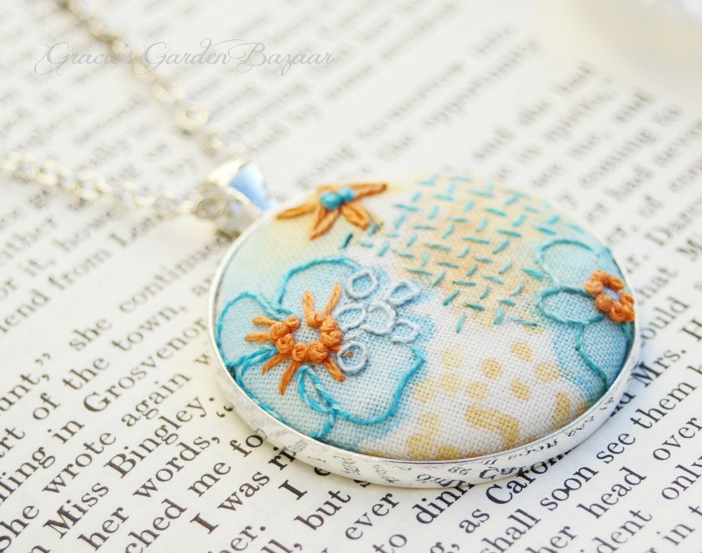Hand Embroidered floral pendant,necklace,turquoise,orange,wearable art,OOAK,hand painted,feminine