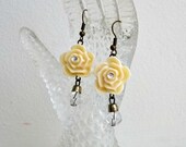 Cream Rose Earrings - Antique Gold - Rhinestone - Clear Drop