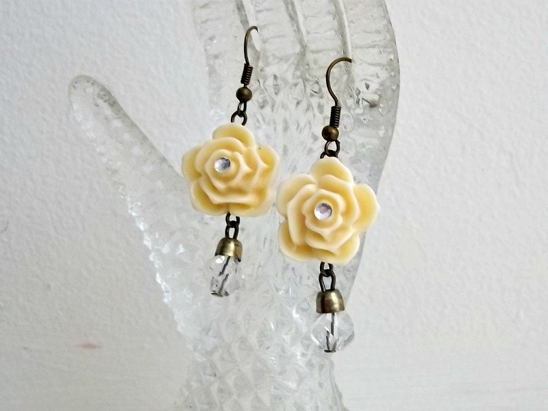 Cream Rose Earrings - Antique Gold - Rhinestone - Clear Drop