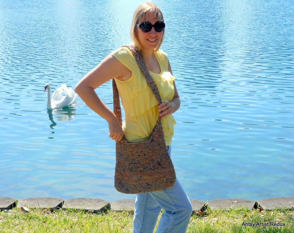 Brown plarn tote large eco vegan friendly crochet  wide shoulder strap bag