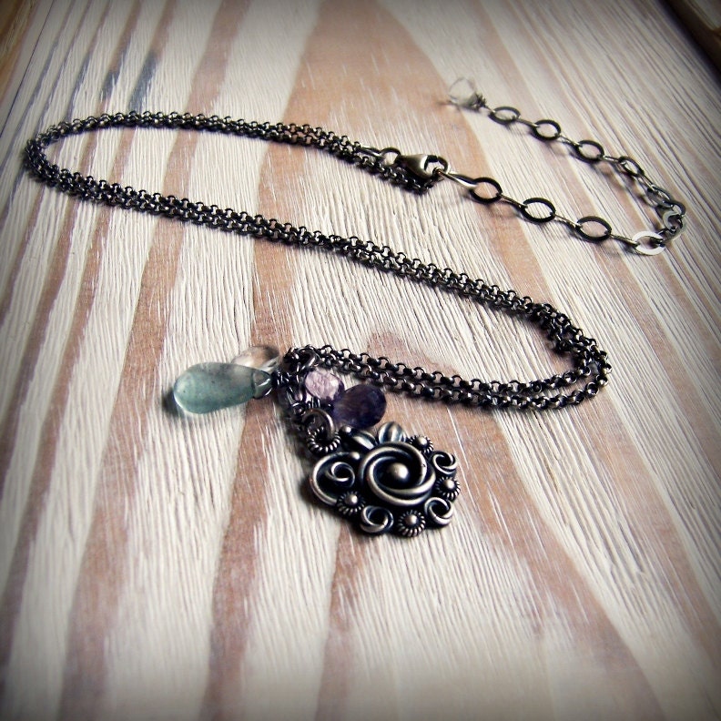 Silver gemstone necklace, bridal, romantic necklace, filigree flower necklace, metalsmith, aquamarine, amethyst , iolite
