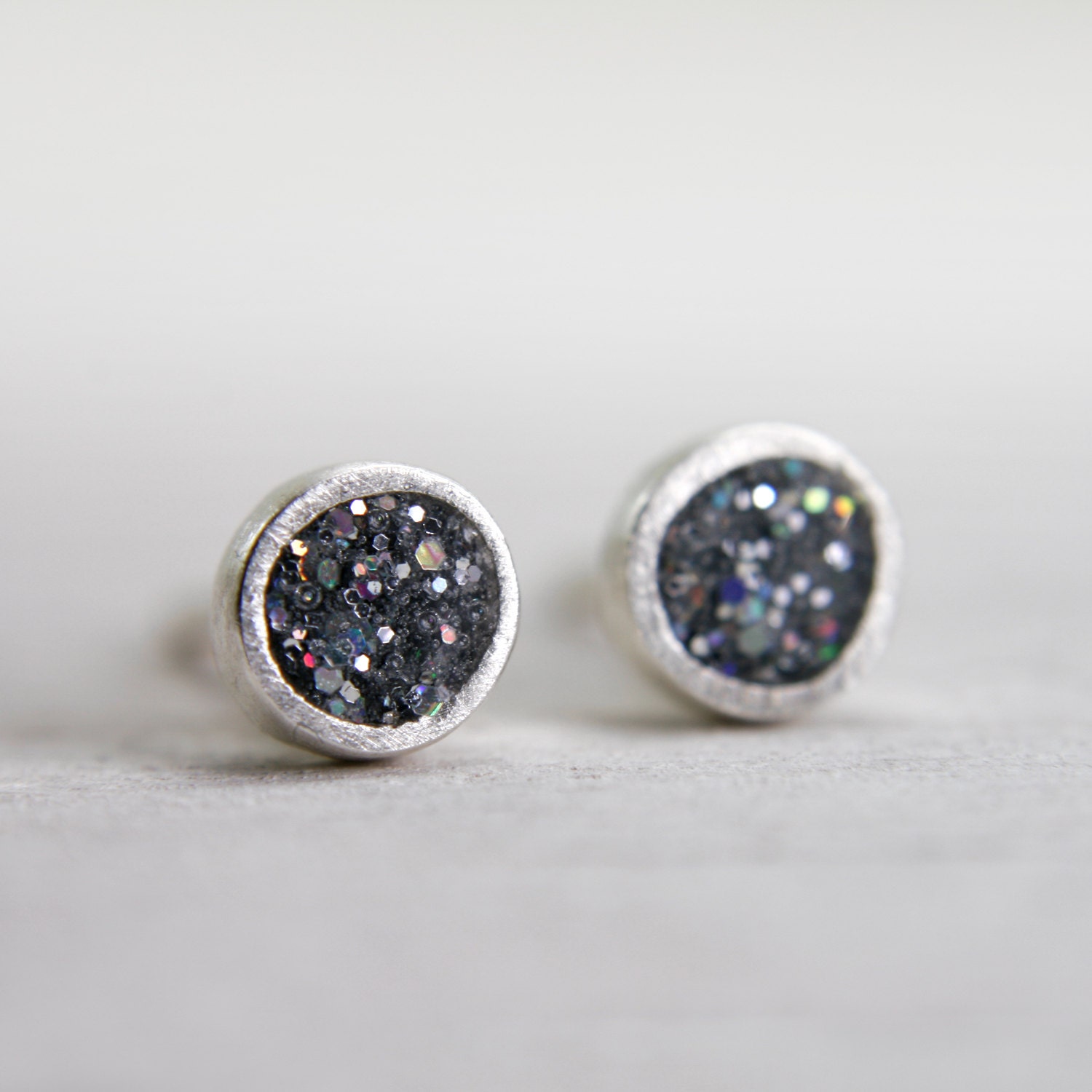 super tiny fine silver post earrings with iridescent silver glitter - small silver simple earrings everyday jewelry