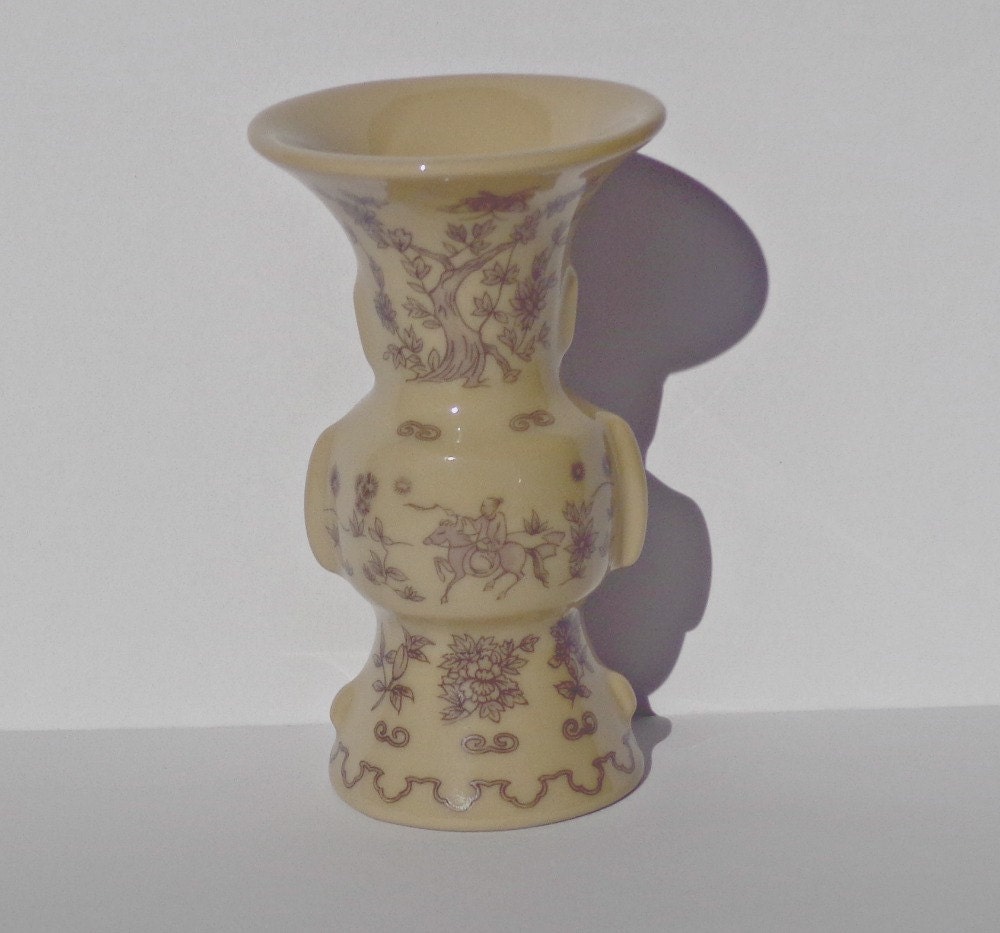 1980 Vintage Franklin Porcelain Miniature Vase- Beige/Purple/Man/Horse/Asian - MandBdesigns