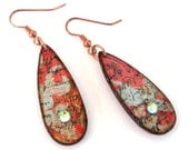 Decoupaged Earrings Teardrop Dangle Summer Earrings Swarovski Crystal Embellished Tomato Red Pale Aqua