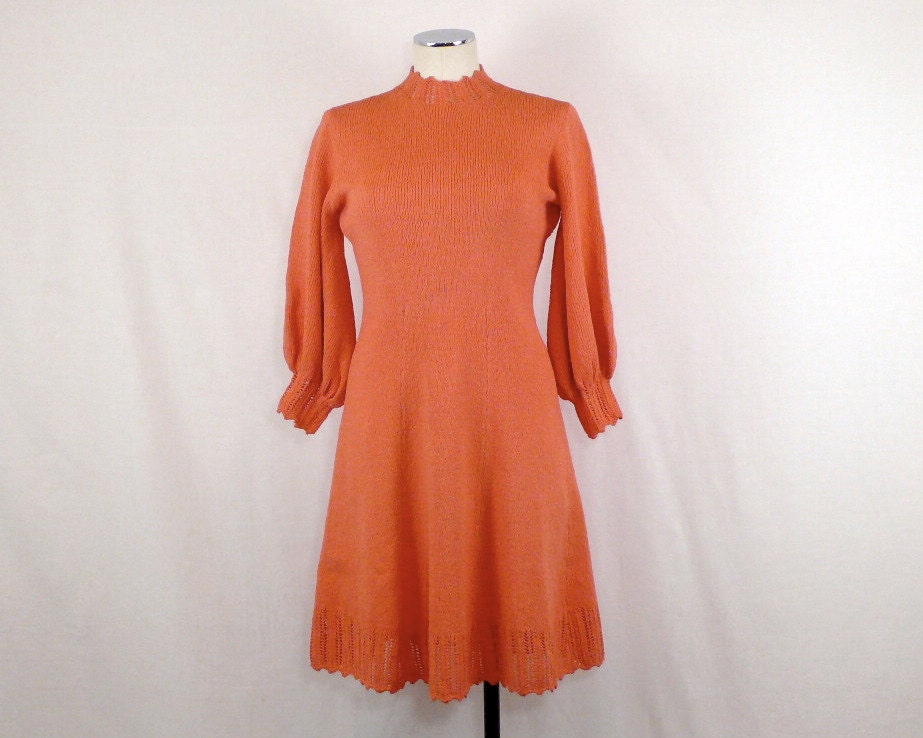 1960s Knit Dress - Peachy Keen Vintage - Flared A Line Skirt - High Eyelet Collar - Medium