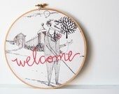 Embroidered Welcome Sign. Creepy Bald Man in a Suit. Very Curious Indeed. by Merriweather Council