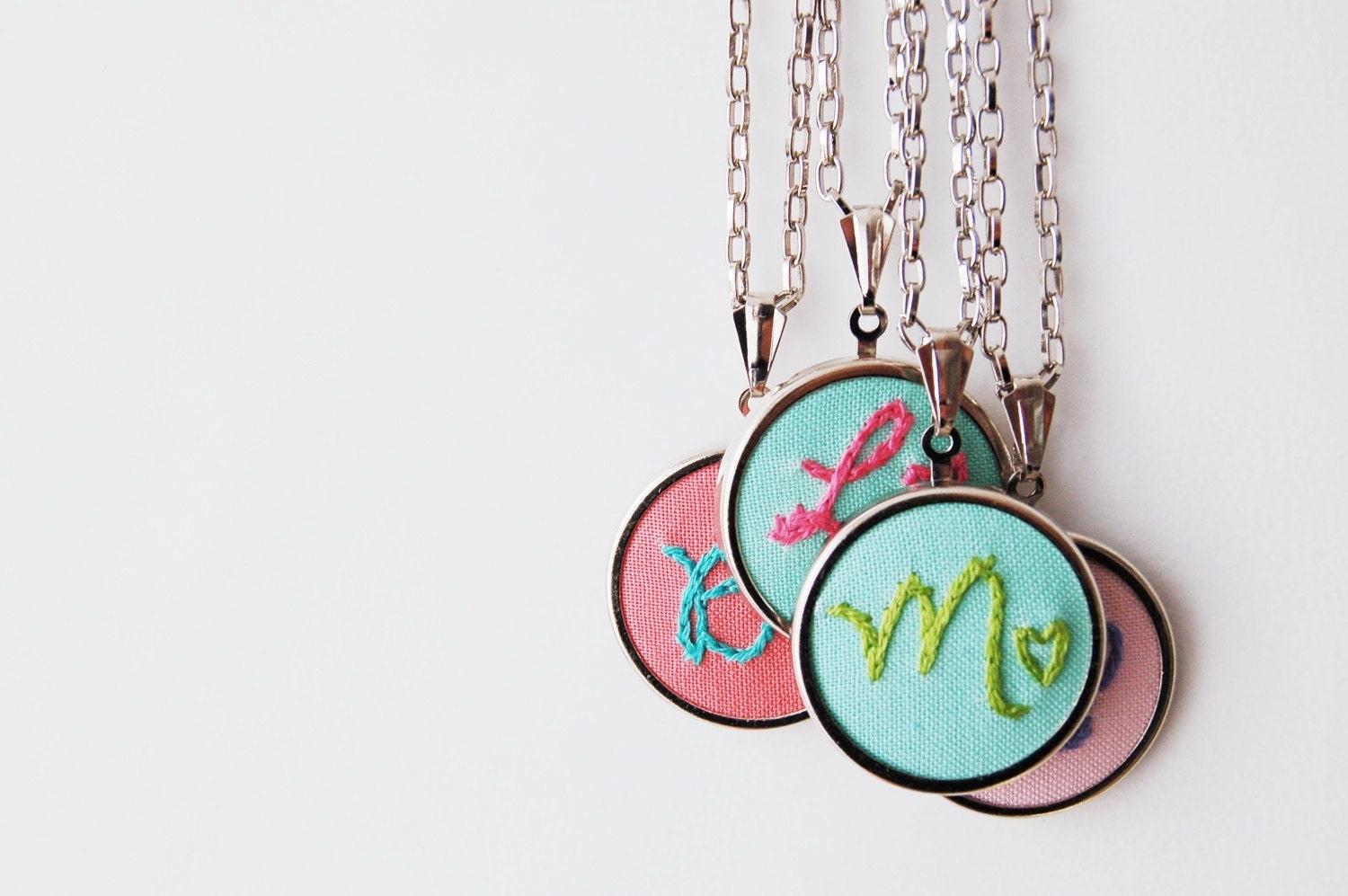 Perfect for Mother's Day . Stitched Initial Necklace. Fabric Pendant, Hand Embroidered Letter with Heart - - 20 inch chain.