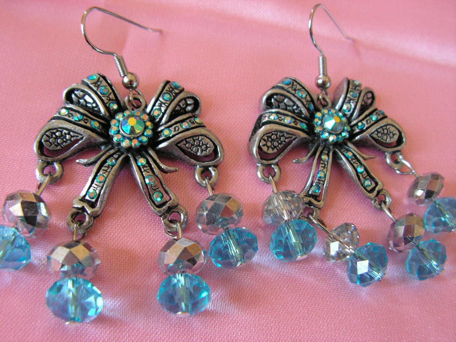 Blue Crystal and Rhinestone Bow Chandelier Earrings