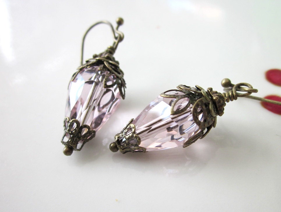 Vintage Crystal Sparkle Pink Drops Beaded Brass earrings for Bridesmaids