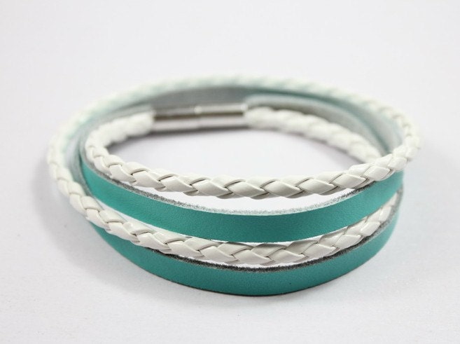 White AND Turquoise Leather Wrap Bangle Bracelet / Silver Magnetic Clasp Z520