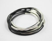 Matte Black Leather Bangle Bracelet/Silver Plated Tubes Bangles/Matte Leather Magnetic Bracelet Z558